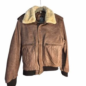 REAL LEATHER Aviator Brown Leather Jacket with Removable  Fur Collar Sz Medium
